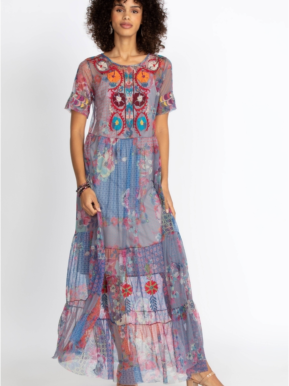 Johnny Was BIYA Kandence Tiered Mesh Dress Womens XS Maxi Floral Embroidery